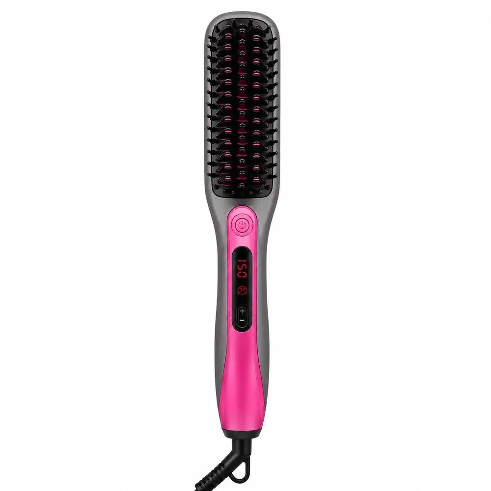 HSR-08 Hair Straightener Brush with LCD Temperature Display- Gray/Pink